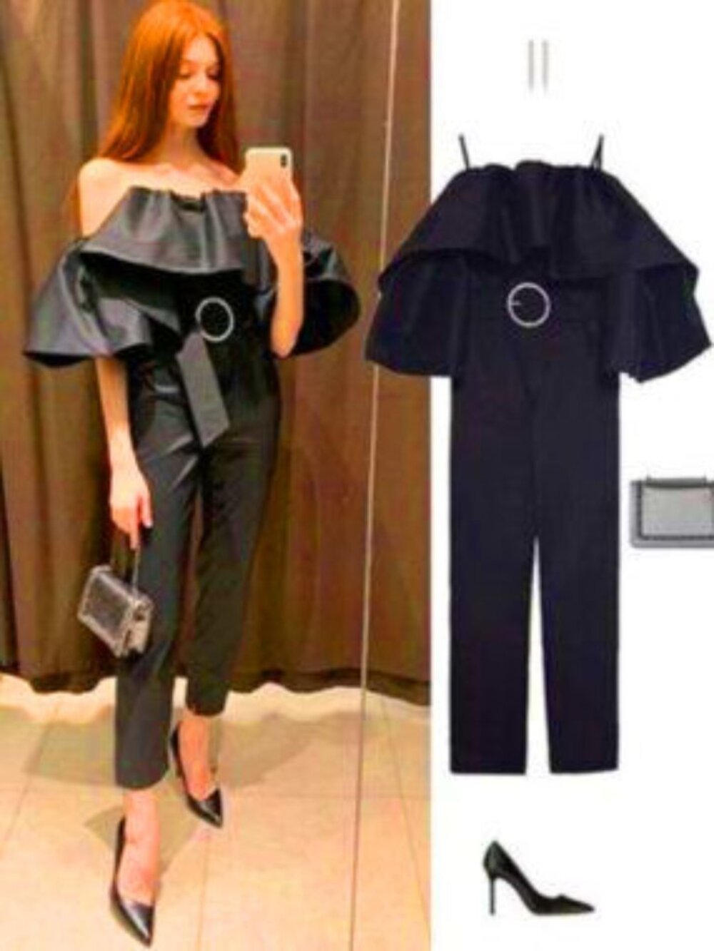 💥BOMBSHELL!💥Avant Garde Limited Edition Ruffled Shoulder Crystal Belt Jumpsuit